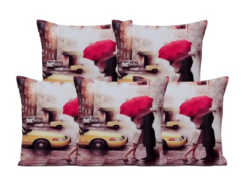 Image of RD TREND Valentine Satin Cushion Cover, 12 x 12 Inches (Set of 5) Decorative Printed Design, Gift for Loved Ones | Gift for Husband | Gift for Girlfriend | Gift for Boyfriend. (Umbrella Love)