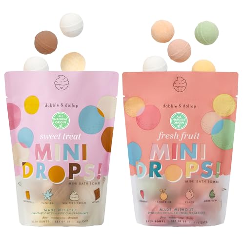 Image of Dabble & Dollop Mini Bath Bombs, Fresh Fruit + Sweet Treat Scents Bundle - Natural Origin, Clean Ingredients, No Synthetic Dyes, Toddler & Kids Bath Bombs in Resealable Pouches (2-Pack)