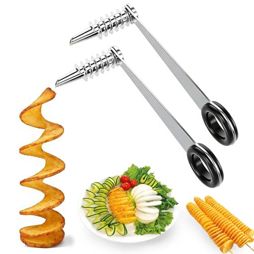KNUIUYY 2 PCS Coupe Pomme de Terre Spirale, Spirale Twister de Pomme de Terre, Inoxydable Pommes de Terre Manuel Spiral Cutter, pour Fruits et Légumes Créatifs à Torsion Carotte Courgette Concombre