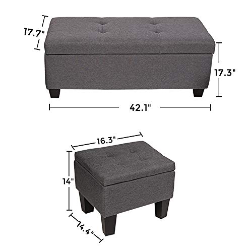 GOOD & GRACIOUS 42.1\" Rectangular Storage Ottomans, 3-Piece Fabric Tufted Upholstered Bench Set with Hinged Lid Footrest Stool, Coffee Table, Holds Up to 600lb, Gray - Thumbnail 7