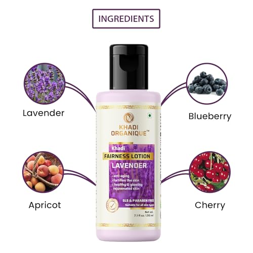 Image of Khadi Organique Lavender Fairness Lotion for Face & Body, Reduces Acne & Inflammation, Enhances Skin Glow, Hydrates & Nourishes with Lavender, Apricot, Blueberry & Cherry, 210ml