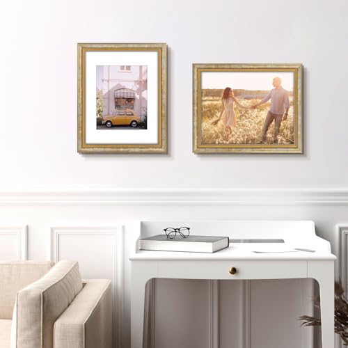 Image of Golden State Art,11x14 Ornate Picture Frame Holds 8x10 Photo,Vintage Gold | Includes real glass front,white mat,build-in hangers and buttons.Displays 8x10 photo on wall