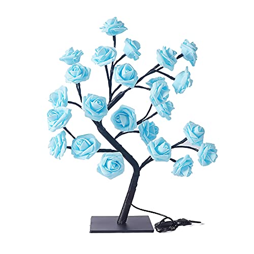 TITA-DONG Lámpara de árbol de Rosas, Luz Nocturna de Flor Rosa, 24 Luces LED de Color Blanco Cálido, Interruptor Táctil Alimentado por USB, Lámpara de Noche para Mesita de Noche, (Azul)