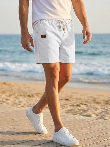 Image of JMIERR Mens 5 inch /7 inch Cotton Linen Lightweight Drawstring Casual Beach Shorts | Regular Fit, Elastic Waist, Beaded, Deep Side Pockets, Leather Patch, Breathable, Summer Vacation Essentials, Cruise Travel