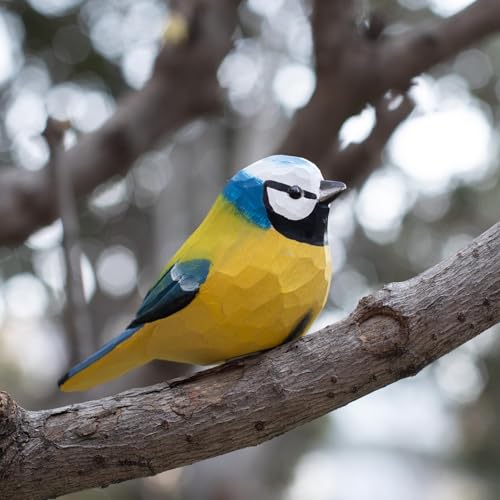 Figura de Madera Pájaro Herrerillo Eurasiano Hecha a Mano