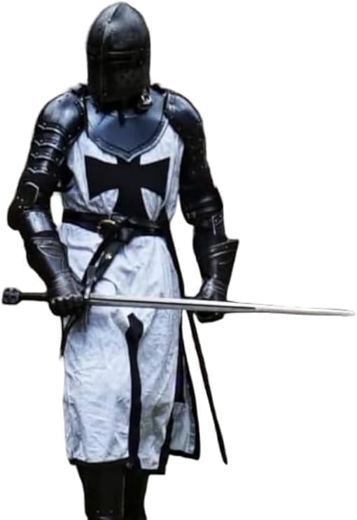 Medieval Knight Full Body Armor Costume, Black and White Steel, Templar Cross Design with Surcoat, Helmet, Guards, Belt