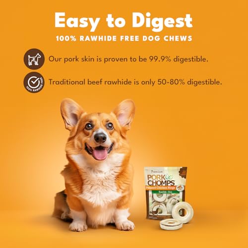 Pork Chomps Pressed Pork Skin Dog Chews, 2.5-inch Rings, Real Chicken, 8 Count