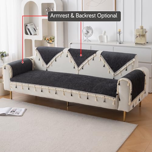 Image of HOKIPO 'Serenity Tassel' Chenille Sofa Cover 6 Seater Set with Tassels - Washable 3+2+1 Sofa Cover Mat | Midnight Graphite (IN-890 + IN-891 + IN-892 - DGRY)
