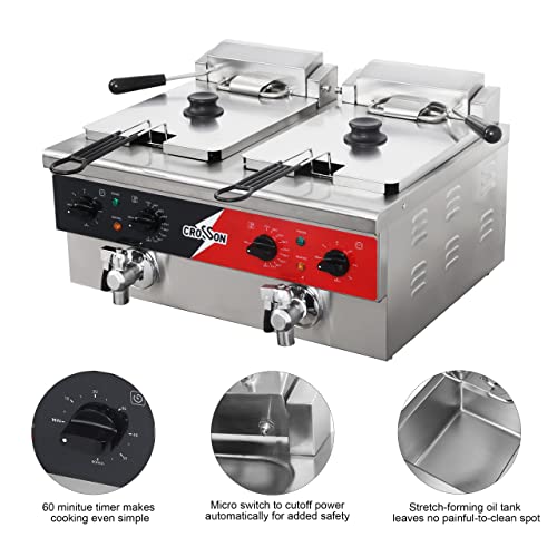 CROSSON 12L Dual Tank Countertop Electric Deep Fryer with Drain, Solid Basket and Lid for Restaurant and Home Use 120V, 3600W Stainless Steel Commercial Deep Fryer (EF-6V-2) の商品画像 3