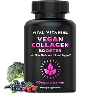 Vital Vitamins Vegan Collagen Booster – with Silica and Hyaluronic Acid – Plant-Based Collagen Supplements – Supports Hair, Skin, Nails & Joints – 60 Capsules