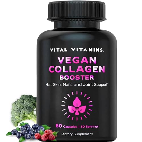 Vital Vitamins Vegan Collagen Booster – with Silica and Hyaluronic Acid – Plant-Based Collagen Supplements – Supports Hair, Skin, Nails & Joints – 60 Capsules