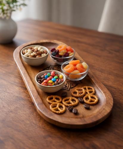 Image of Wooden Jewelry Tray, Oval Shape, L x B x H = 10 x 5 x 0.5 Inch Floral Design, Natural Wood Finish, Organizer for Rings, Necklaces, Earrings And Snacks Serving (Round Engraved 3)