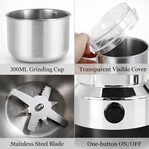 Image of 1000W Electric Grinder SC-8200-300ML Heavy Duty Spice & Coffee Grinder - 4Leaf Stainless Steel Cross Blade,Food Grade Steel,One-Touch Operation,Multi-Purpose Dry Grinder for Spices,Nuts,Herbs & Grains