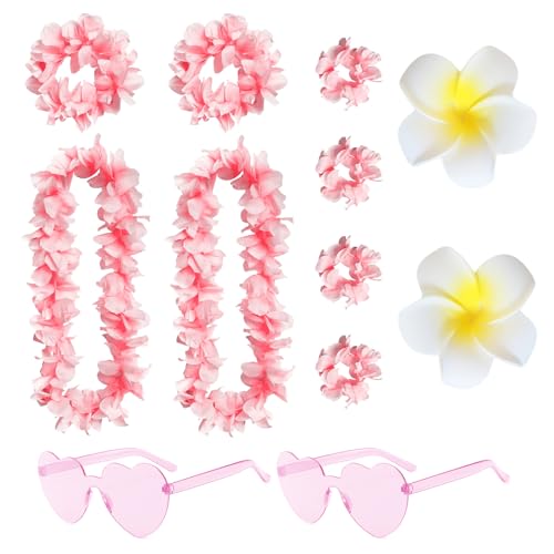 Carreuty 12 guirnaldas hawaianas hawaianas Leis decoraciones de fiesta collar de flores diademas y pulseras de corazón gafas de sol hawaianas playa disfraces luau suministros de fiesta para niños y