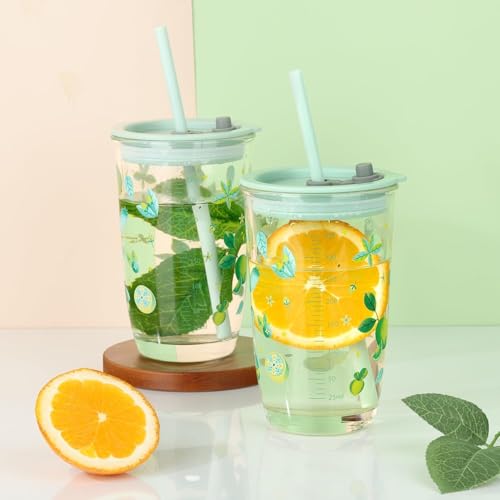 Image of Kamvy Printed Glass Milk Mug with Recipe Design (400ml) Pack of 1 | Transparent Drinking Glass for Coffee, Milk, Juice & Smoothies | Stylish Measuring Tumbler for Home & Kitchen (Mint Green)