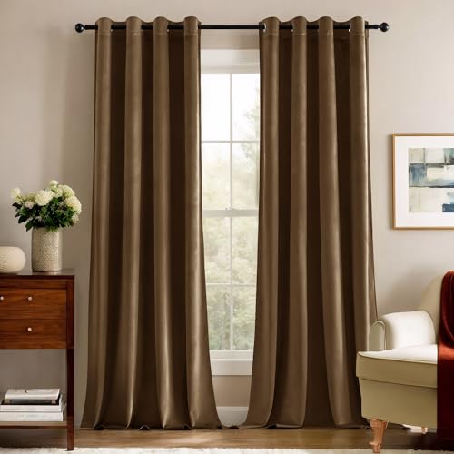 Deconovo Cortinas Opacas Cortinas de Terciopelo para Dormitorio Cortinas Aislantes,140x180cm, Caqui Oscuro,Juego de 2