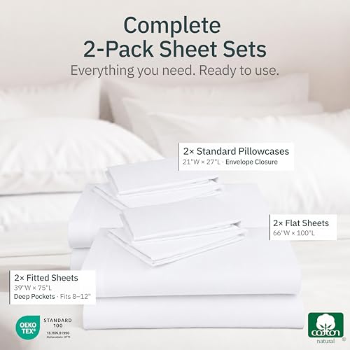 Image of Pack of 2 Super Soft 100% Cotton Twin Sheets Set, White | Lightweight & Breathable For Hot Sleepers, All-Around Elastic, Durable, Easy Care, OekoTex Certified