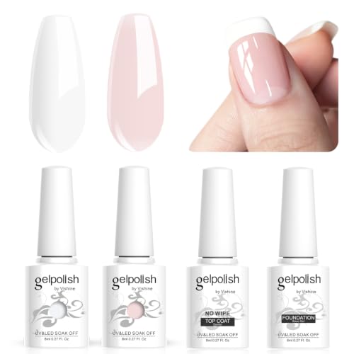 Vishine Lot de Vernis Gel Semi-permanent et Base Top Coat pour French Manucure Gel UV/LED Soak Off Nail Art French Blanc, Rosé 4pcs 8ml Kit