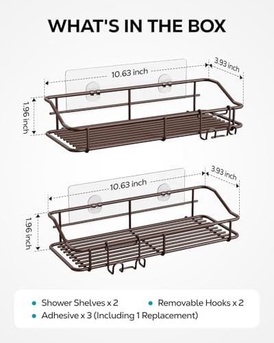 Image of Nieifi Shower Caddy Shelf Storage Adhesive Stainless Steel with Hooks for Washroom, Bathroom, Kitchen - 2 Pack Bronze | Stainless steel, 2 pack, shower rack, shower organization, with hooks, rustproof, no drilling, razor holder, brown