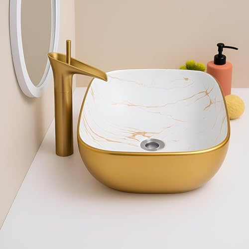 Image of Premium Designer Table Top Ceramic Wash Basin with Slim Rim, Modern Vessel Sink for Bathroom Vanity, Glossy White Countertop Basin, 18 x 13 x 5.5 Inch