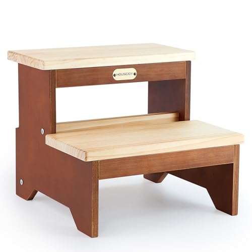 Wooden Two Step Stool for Adults and Kids, Bed Stepstool with Two-Colour, Heavy Duty for Bathroom/Kitchen/Bedside Step Stool, Holds up to 500LBS Capacity (Pine)