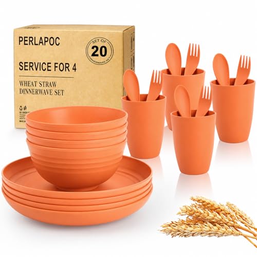Image of Kids Wheat Straw Dinnerware Sets for 4, 20 Piece Unbreakable Dinnerware Set, Plates and Bowls Sets, Kitchen Plates and Bowls Set, Lightweight Dish Set for Picnic, Camping, and Daily - Orange