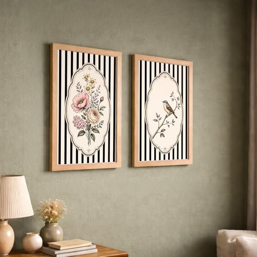 Image of NoWorries Vintage Floral & Bird Wall Art Set of 2 Framed Prints for Living Room Bedroom Office | Black Stripe Botanical Wall Decor with Wooden Frame (Art-9, 17x25inch)