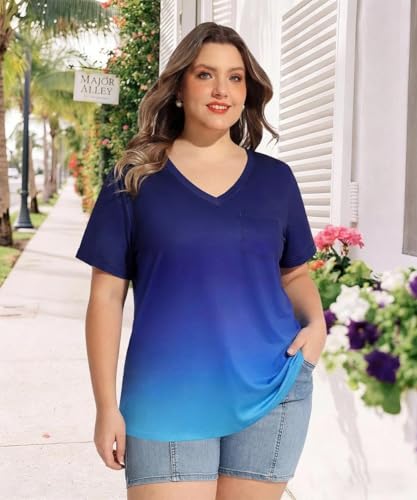 Image of TIYOMI Plus Size Tops for Women V Neck Tshirts Basic Tunic Casual Hawaii Floral Tie Dye Camo Summer Short Sleeve Tee XL-5XL