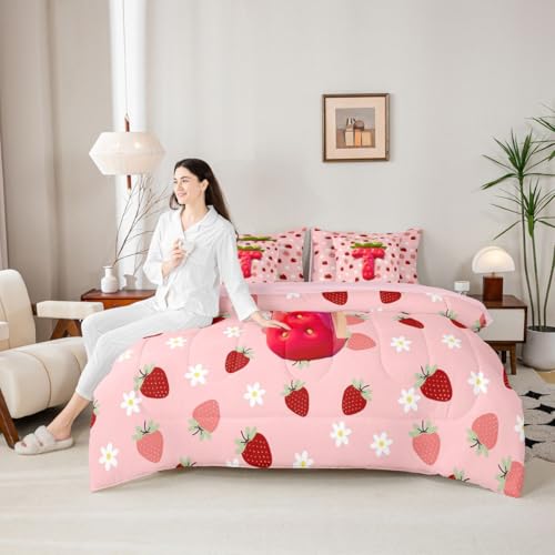 Image of Feelyou Girls Cute Strawberry Comforter Set Full Size 7 Pieces Pink Strawberry Bedding Set for Kids Boys Girls Initial Letter T Bed in a Bag with Comforter, Sheets, Pillowcases, Cushion Covers