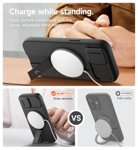 Image of SURITCH for iPhone 17e /16e Case with Magnetic Camera Slide Cover and Adjustable Kickstand, Compatible with MagSafe, Shockproof Bumper Case Slim Protective Cover 6.1 Inch,Black