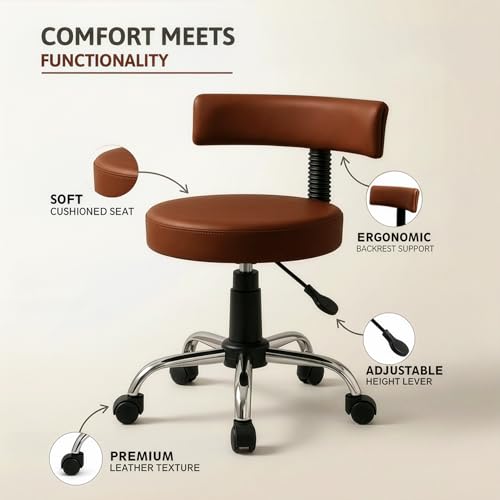 Image of DIYA Seating Chrome Rolling Study Flex Stool (1 Year Warranty) - Brown | Lift & Swivel Adjustable Height Salon Flex Stool w / Foot Rest, Compact Seating for Home Office Shop Study Use -(44 inchx47 inchx83 inch)