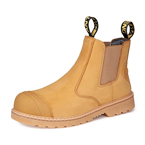 Men Work Boots, Steel Toe Nubuck Leather Footwear, Non-Slip Rubber Outsole Boot, Safety Construction Shoes, Breathable, Water-Repellent, Quick Dry (AT601,Wheat)