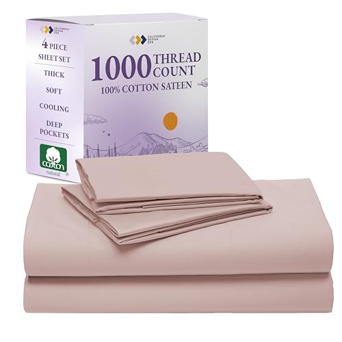California Design Den Thick and Natural 100% Cotton Sheets Queen Size Bed Set - Luxury 1000 Thread Count Sateen, Deep Pocket Sheet Set, Soft, Breathable and Durable Bedding - Sepia Rose