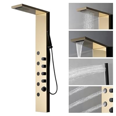 Homevacious Shower Panel Tower System with Rainfall Shower Head,5 Body Jets and Handheld Shower Head,Modern Massage Shower System Polished Gold and Black