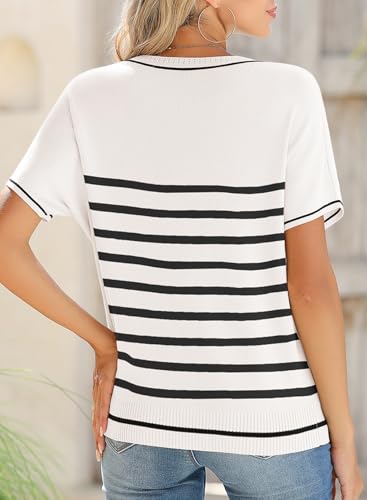 Image of SHEWIN Womens Tops Trendy Short Sleeve Shirts Crewneck Lightweight Knit Sweater Top Business Casual Outfits