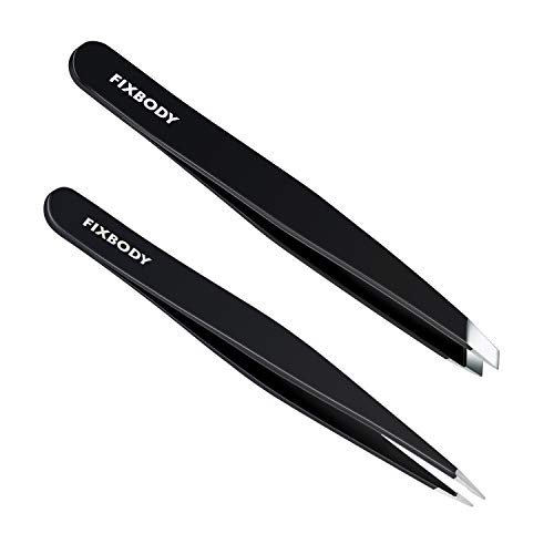 FIXBODY Stainless Steel Eyebrows Plucking Tweezers, Precision Slant and Pointed Eyebrows Tweezer Set for Ingrown Hair, Black