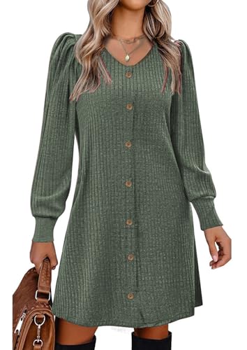 Vossmi Vestidos de Punto Elegante Mujer Casual A-Line Vestido con Botón Dress Manga Abullonadas con Bolsillos Otoño Verde, S