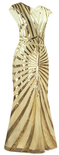 Image of Women Evening Maxi Long Dress 1920s Sequin Mermaid Hem Wedding Prom Gown Costume w / 20s Gatsby Accessories Set