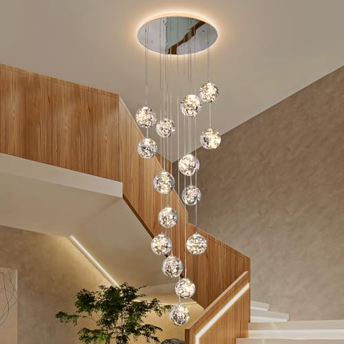 KAUCQI LED Pendant Lamp 15 Crystal Balls, LED Stair Chandelier La...