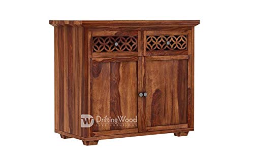 Image of DRIFTINGWOOD Solid Sheesham Wood Sideboard Tv Cabinet for Living Room | Free Standing Movable Tv Unit Side Board Table with 2 Drawer & 2 Door Cabinet Storage Furniture for Home | Teak Brown Finish