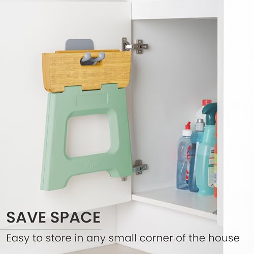 Image of Vigar Compact Folding Step Stool, 12-1 /2 in, Green Bamboo Print | 12-1 /2 in Foldable Stool, Lightweight Portable Design, Handle, Non Slip Surface, Space-Saving, Supports up to 330 lb