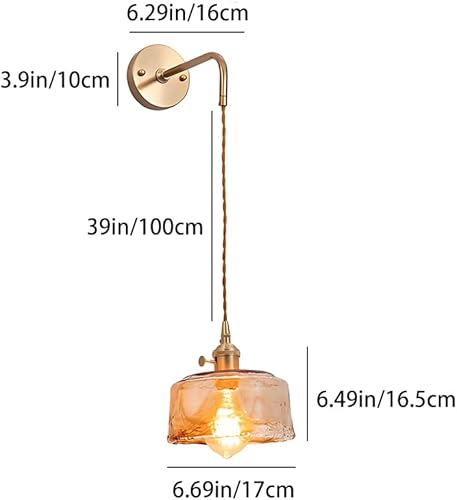 Miniatura 5 de Vintage Brushed Brass Wall Sconce Amber Glass Shade Knob Switch Hardwired E26E27 Base for Living Room Bedroom Hallway(C)