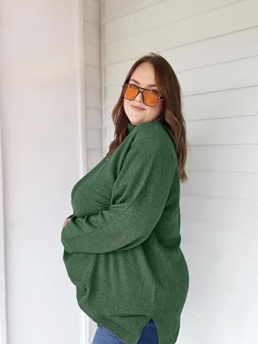 Image of CARCOS Plus Size Sweaters for Women Solid Turtleneck Sweater Long Sleeve Pullover Tops Casual Split Hem Knit Shirts