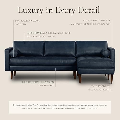 Image of Poly & BARK Napa Right-Facing Sectional Sofa - 104.5 inch Italian Leather Sectional with Chaise - Midnight Blue - Full-Grain Pure-Aniline & Semi-Aniline Upholstery