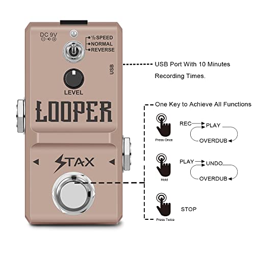 Image of Stax Mini Guitar Looper Pedal Loop Station Unlimited Overdubs 10 Minutes of Looping, 1 /2 time, and Reverse USB Port 3Mode Mini Size True Bypass