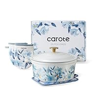CAROTE Cast Iron Dutch Oven Pot with Lid, 5 QT Enameled Floral Dutch Ovens with Cotton Potholders & Oven Gloves, Gift Box, Cast Iron Pot for Sourdough Bread Baking, Braising, Stews, Roasting, Dual Handles, All Stovetop Compatible, White & Blue