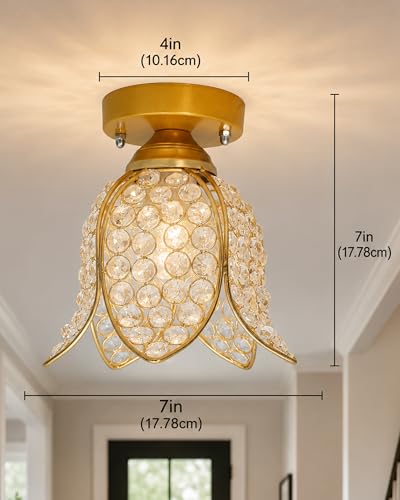 Image of Homesake Gold Metal Lotus Crystal Flush Mount Ceiling Light for Hallway, Bedroom, Living Room, Foyer & Balcony, Crystal Ceiling Lamp, Fixture Ceiling Light, Decorative Chandelier Light for Home Decor