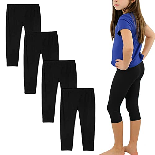 4 Pack Girls' Basic Capri Leggings 3/4 Pants Black Girls Cropped Leggings for School or Sports