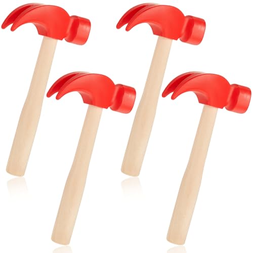 Deekin 4 Pcs Wooden Hammer Toys Simulation Hammers Small Toy Maintenance Tools Toys for Education Little Teenagers School Gift Birthday Party, Red, 6.5 Inches
