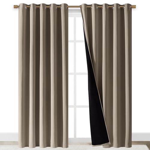 Image of NICETOWN Total Shade Curtains and Draperies, Heavy-Duty Full Light Shading Drapes with Black Liner Backing for Villa /Hall /Dorm Window（Taupe, Package of 2 Panels, 70 inches Wide x 95 inches Long